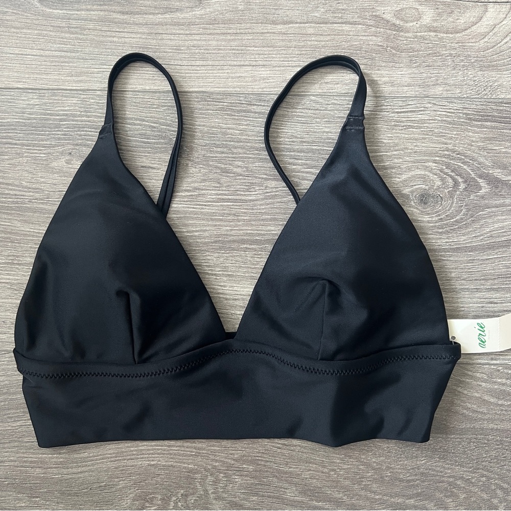 AERIE Triangle Bikini Top Size Small Black Adjustable Tropical Swimwear 90s NWT